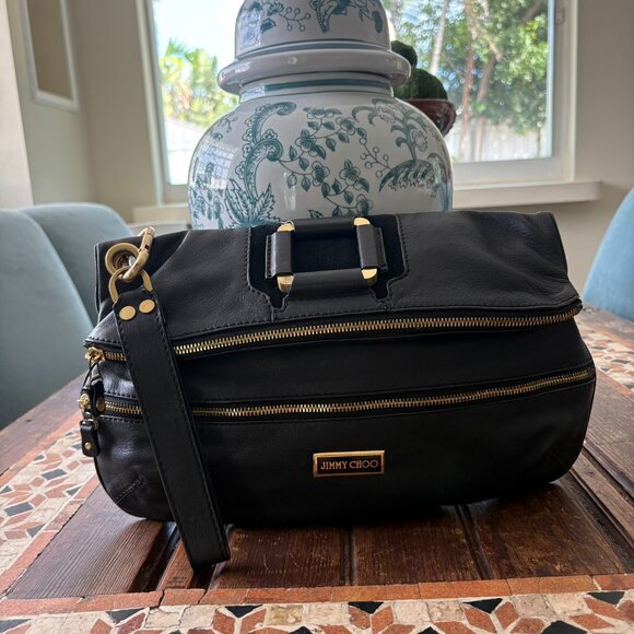 Jimmy Choo Black Leather Mave Foldover Clutch Carry Bag Authentic - Picture 4 of 17